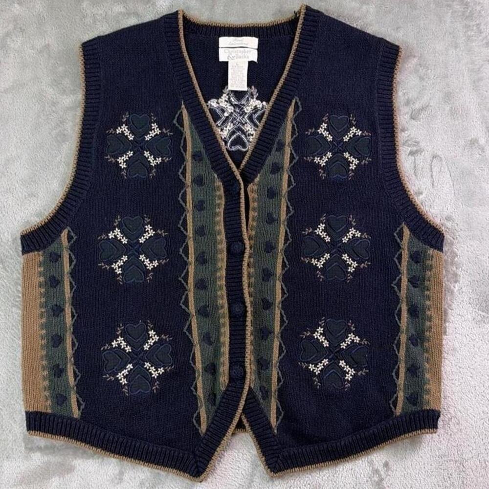 Christopher & Banks Sweater Vest Womens Large Navy Hand Embroidered Button Front